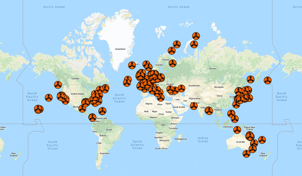 World map showing ocean dump sites of munitions
